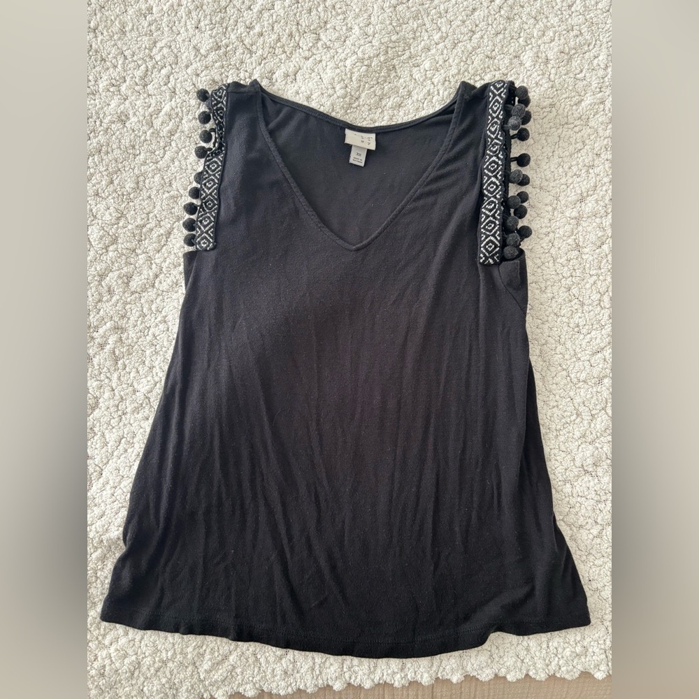 A New Day Black Sleeveless Top with Pom Pom Details